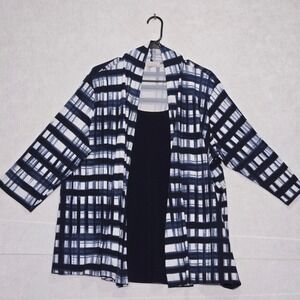 Liz‎ McCoy Woman Open Front Plaid top Cardigan Jacket Blue White Size 2XL